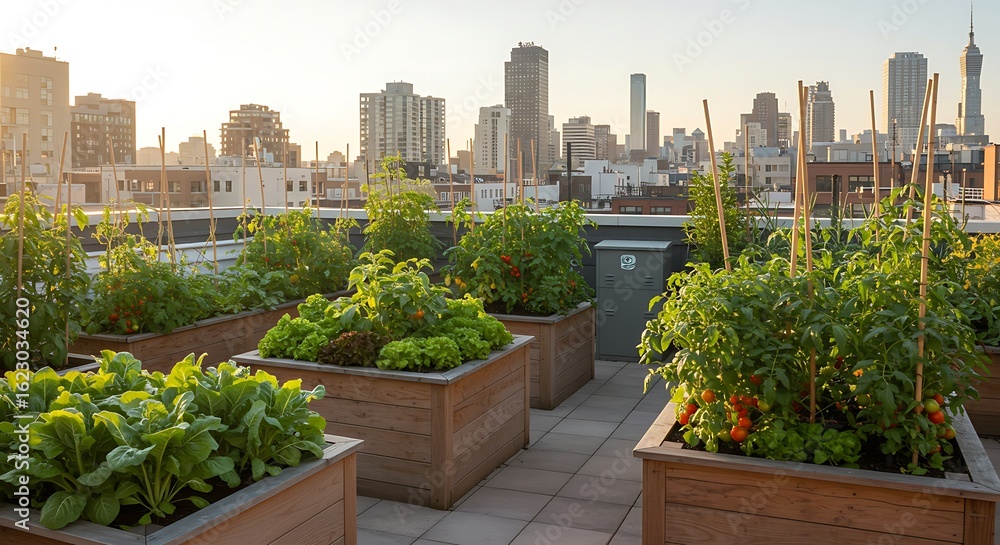 Fototapeta premium Urban Rooftop Garden Oasis with City Skyline