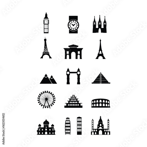 A set of monochrome icons illustrating well-known landmarks, showcasing architectural diversity.