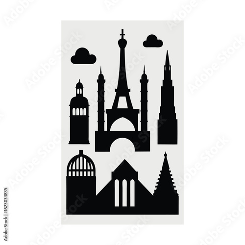 A set of monochrome icons illustrating well-known landmarks, showcasing architectural diversity.