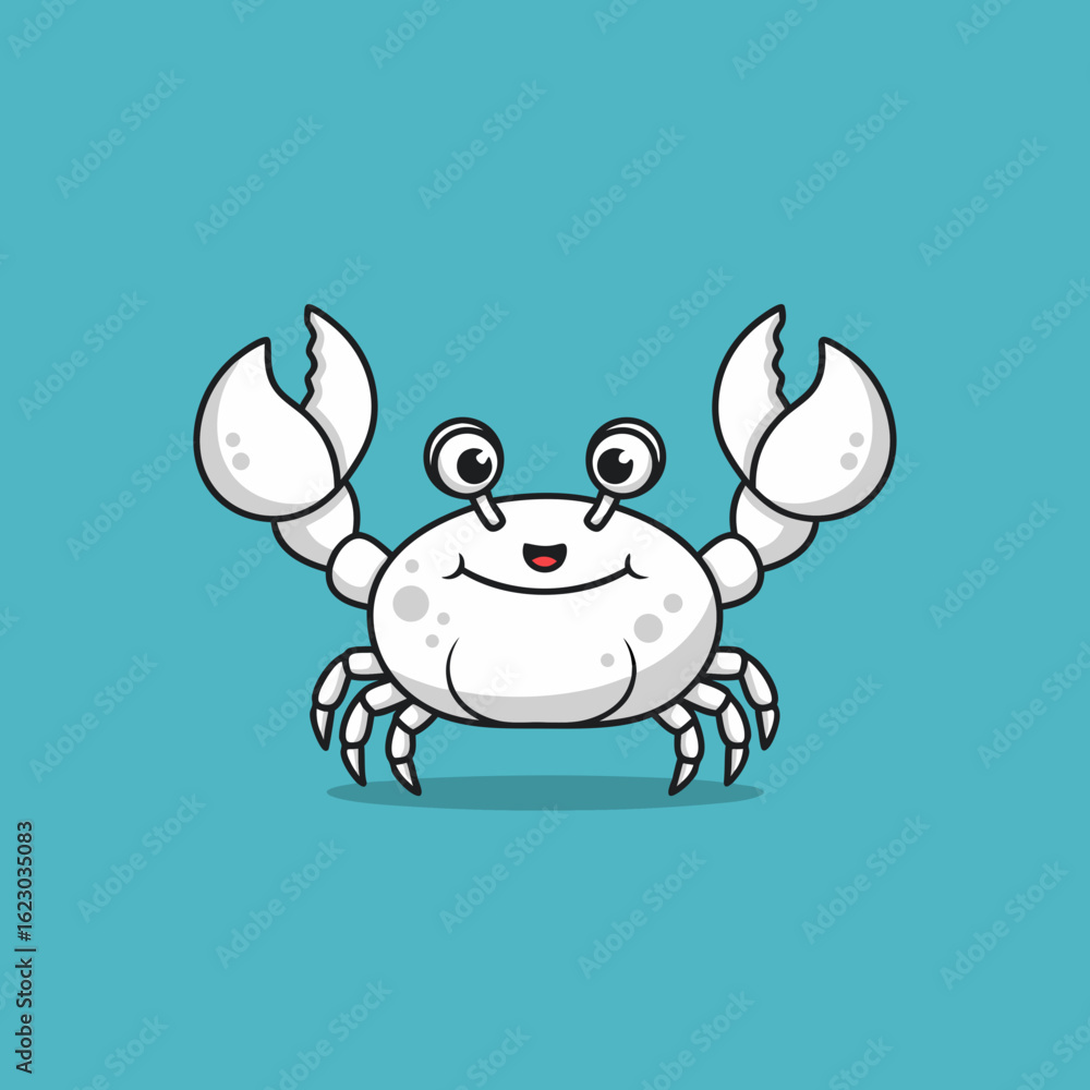 Fototapeta premium A cheerful white cartoon crab with big eyes raised claws and a happy smiling expression.