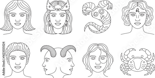 Astrological Zodiac Sign Faces: Cosmic Portrait Collection with Unique Hairstyles and Symbols