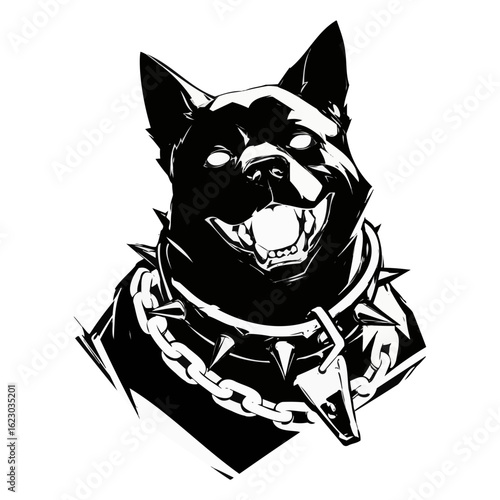 Stylized black dog with spiked collar in a digital art style