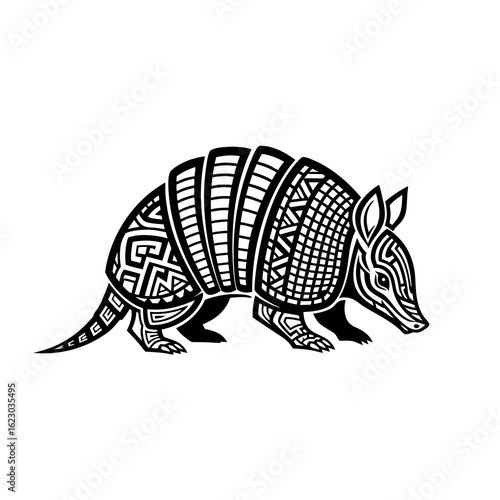 Stylized armadillo with intricate black and white tribal geometric patterns.