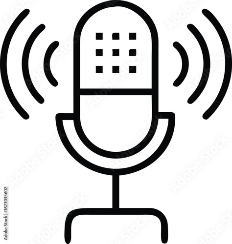 Podcast Microphone Icon: A simple yet effective icon of a podcast microphone with sound waves emanating from it, ideal for media or communication designs.