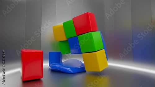 Vibrant Soft Cubes Float and Glide Through a Sleek, Reflective Metallic Studio Environment.