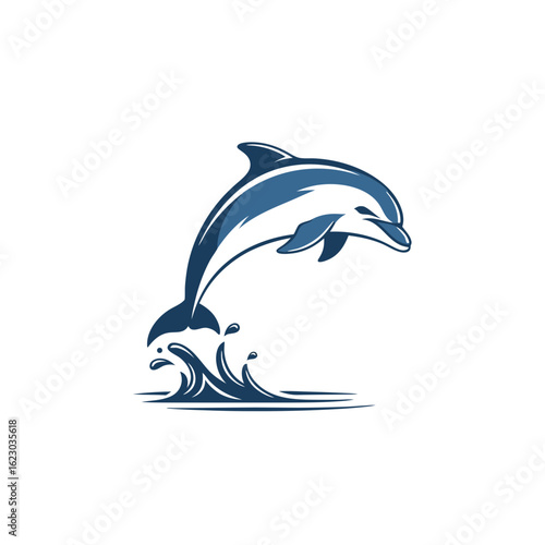 Stylized blue dolphin logo gracefully leaping from a dynamic water splash.