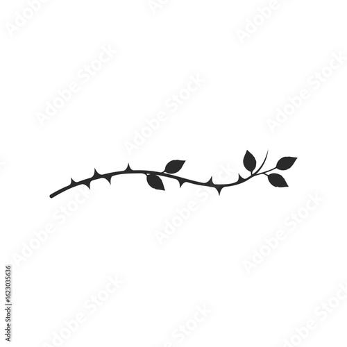 Black silhouette of a thorny vine with leaves on white background