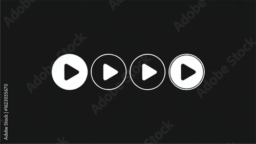 A minimalist icon design showing four identical play buttons arranged horizontally against a black background. 