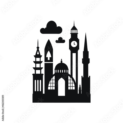 A set of monochrome icons illustrating well-known landmarks, showcasing architectural diversity.