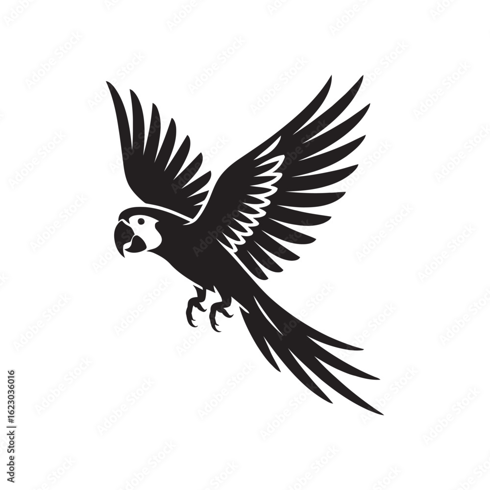 Obraz premium Vector Parrot Silhouette Illustration Ideal for Bird Logos, Exotic Animal Icons, Tropical-Themed Branding, and Black and White Minimalist Vector Art for Print and Digital Use