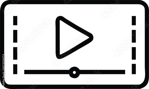 Play icon: A minimalist play icon within a rectangular frame, simple design, perfect for digital and visual content