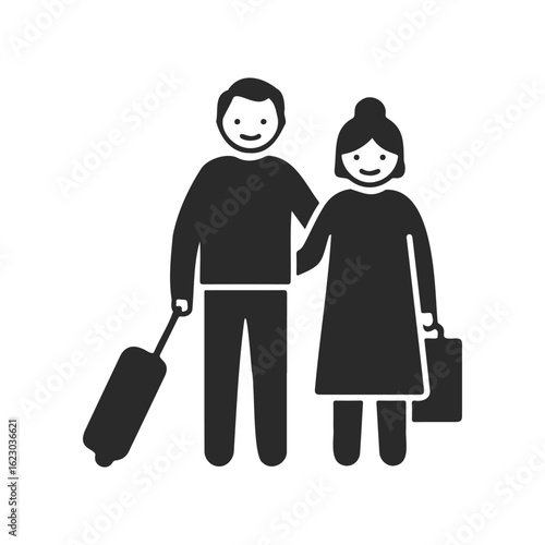 Icon of traveling couple with luggage: simplified design of male and female figures