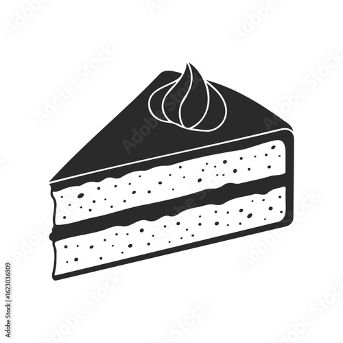 Monochrome illustration of slice of layer cake with cream topping