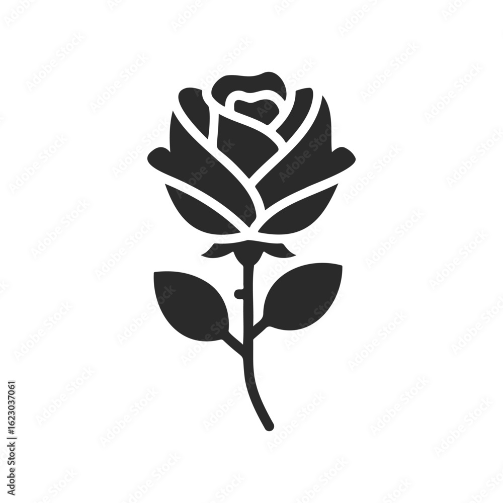Obraz premium Black silhouette of a blooming rose with leaves on white background