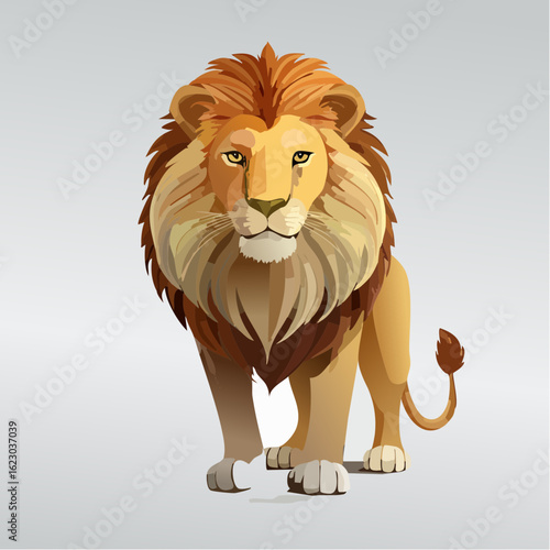 A Majestic Cartoon Lion Standing Proudly with a Golden Mane and Intense Gaze
