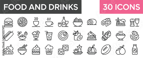 A set of 30 black and white food and drinks line art icons arranged in a grid format.
