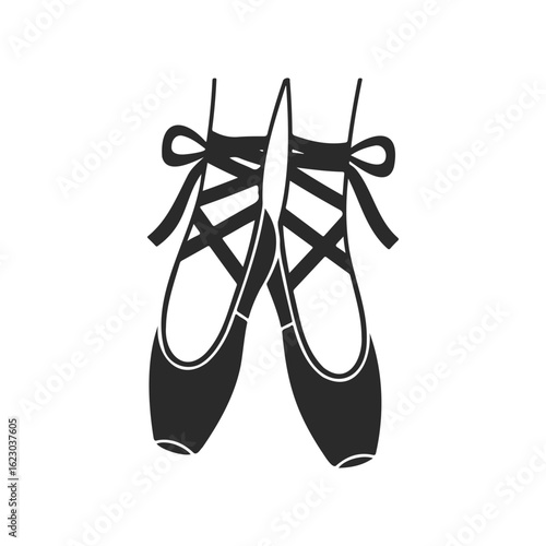 Black silhouette of ballet pointe shoes with ribbons on white background
