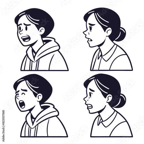 Set of cartoon characters expressing negative emotions isolated on white background