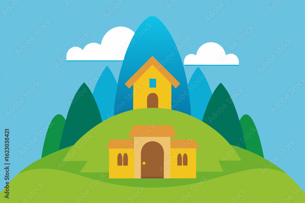 Naklejka premium Charming cartoon houses nestled on green hills with blue mountains and fluffy white clouds in a clear sky