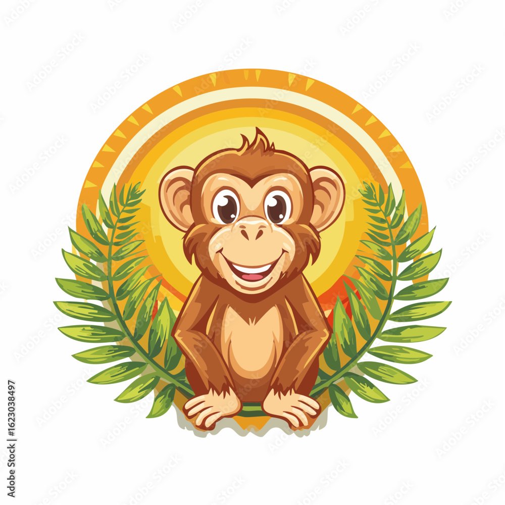 Obraz premium Charming monkey cartoon illustration with leafy frame and sun design backdrop