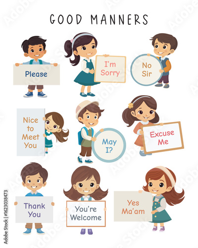 Good Manners for Kids – Polite Words and Social Skills Chart. Cute poster showing polite phrases like “Please” and “Thank you.” Great for teaching kids good manners at home or school