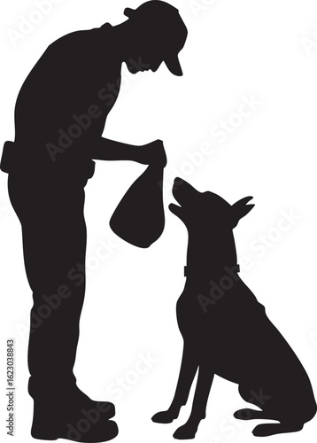 Silhouette of Police Officer Giving Command to Trained Dog, Transparent Background.