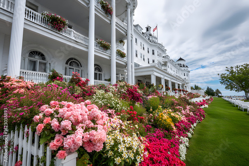 Mackinaw Island, Michigan. USA. July 6, 2015. The beautiful Grand Hotel located on Mackinaw Island opened in 1887. At 660 feet long the hotel boasts of having the largest front porch in the world