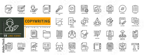 Minimalist Copywriting line icons set with editable stroke, featuring writer, paper pen, document stack, folder, computer, social media, creative writing, advertising, con. thin linear illustration.