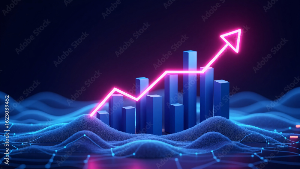 Naklejka premium A glowing pink upward arrow over blue 3D bars and wavy lines, suggesting growth in data or finance.