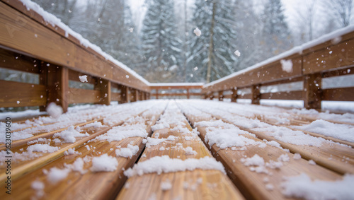 Wallpaper Mural Wooden deck covered in fresh snow with falling snowflakes and blurred trees winter Torontodigital.ca