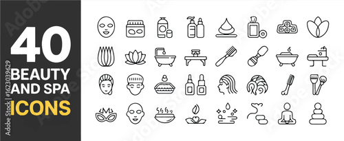A set of 40 beauty and spa  line art icons arranged in a grid format.