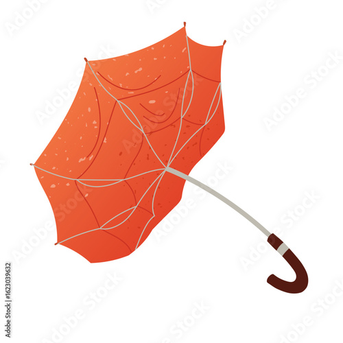 Inverted broken orange umbrella lying on the ground. Textured autumn design with dynamic composition. Symbol of strong wind, stormy weather and rainy days. Flat vector parasol illustration isolated