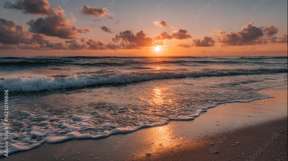A scenic ocean view featuring waves gently rolling onto the shore under a vibrant sunset sky with clouds A scenic ocean view featuring waves gently rolling onto the shore under a vibrant sunset sky with clouds