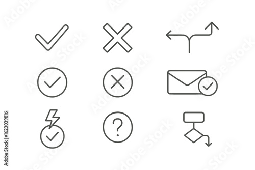 Arrows, checkmarks, emails line icon set. simplified, essential communication symbols