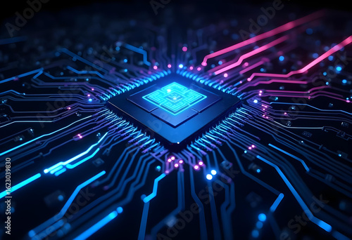 Digital Brain: An illustrative depiction of a powerful central processing unit (CPU) or the central computer brain, with circuits and light flowing through it.
