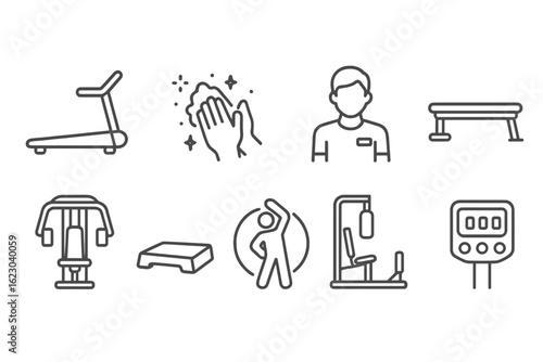 Fitness and gym line icon set. equipment, exercise, cardio, weightlifting collection