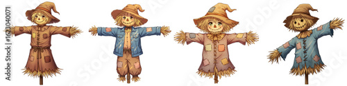 Set of isolated scarecrows in colorful clothing and straw accents, Halloween  