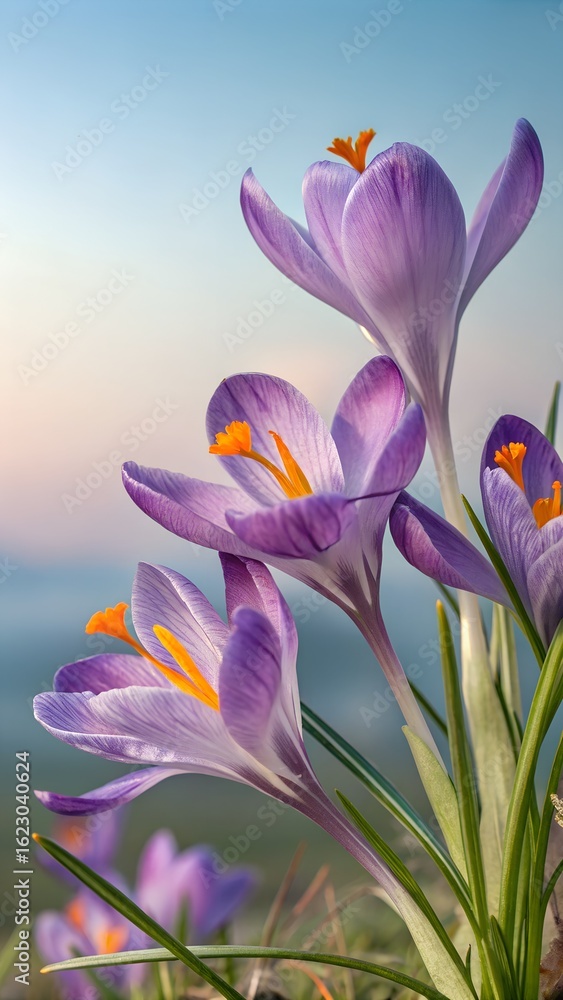 Naklejka premium Beautiful purple crocus flowers gently open their petals towards the soft light of a new spring day.