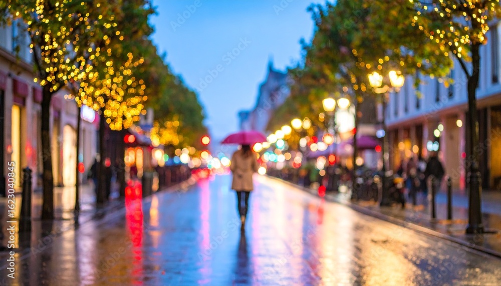 Obraz premium Crimson Umbrella Amidst a Golden Bokeh Dream on a Rainy Evening