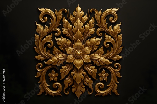 Golden floral ornament on a Black Background: a close-up shot of a detailed golden floral ornament against a dark backdrop, a showcase of artistic detail and luxury aesthetic.