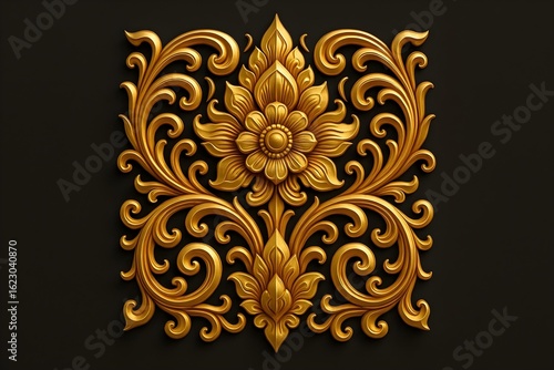 Golden Floral Adornment: A striking ornamental floral carving, meticulously detailed in gleaming gold against a contrasting backdrop, radiates timeless elegance and refined artistic beauty.