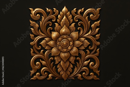 Golden Floral Ornament: A mesmerizing and intricate golden floral ornament, a symbol of art, culture, and history, presented against a dark background.