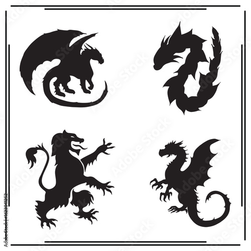 Dragon Silhouettes Set - Mythical Fire Dragons, Winged Dragons, and Fantasy Creature Icons for Magic, Fantasy Art, and Creative Design Use