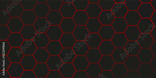 Abstract dark hexagon pattern on red neon background technology style. Modern futuristic geometric shape web banner design. You can use for cover template, poster, flyer, print ad. Vector illustration