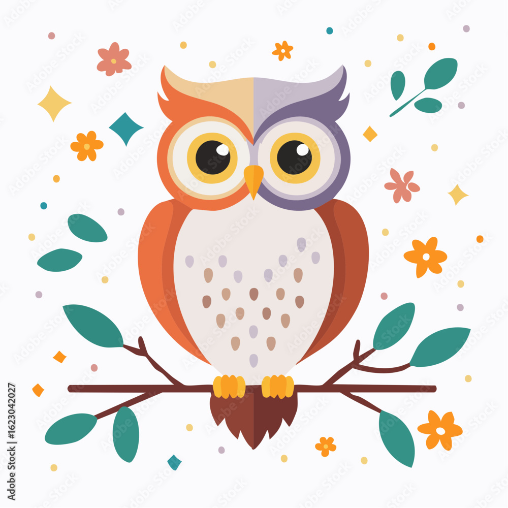 Naklejka premium Whimsical Owl Illustration on a Branch Amidst Floral and Geometric Accents, Square Art