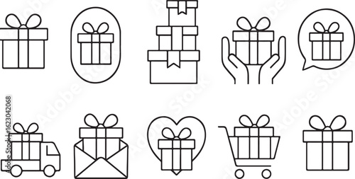 Gift box icons with bows and various contexts present