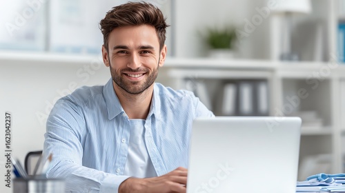 Smile young doctor in blue shirt using looking at laptop on desk in white room background Free Download Smile young doctor in blue shirt using looking at laptop on desk in white room background - GFXLoad