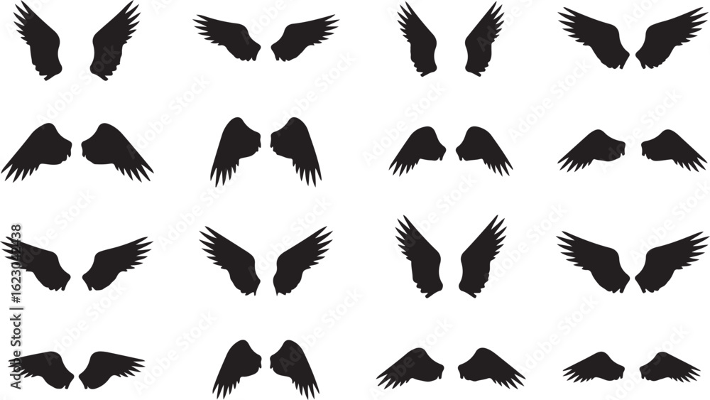 Fototapeta premium Collection of black silhouettes of angel wings in various shapes and sizes on white background