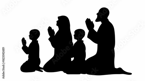 Silhouette illustration of a family praying together on their knees in a unified spiritual moment of faith