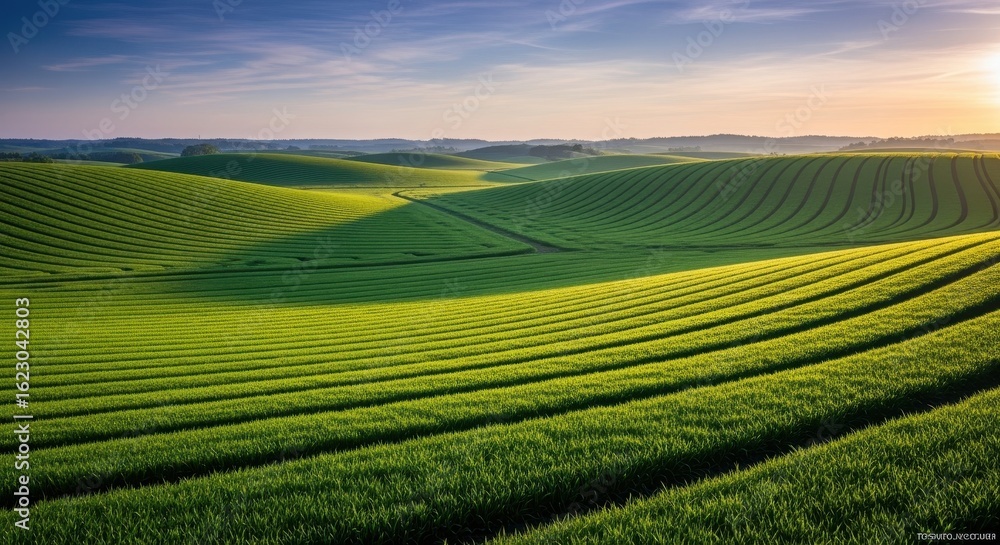 Rolling Hills of Green: A breathtaking vista unfolds with vibrant green fields and undulating hills under a serene blue sky, kissed by the warm glow of the morning sun. Rolling Hills of Green: A breathtaking vista unfolds with vibrant green fields and undulating hills under a serene blue sky, kissed by the warm glow of the morning sun.